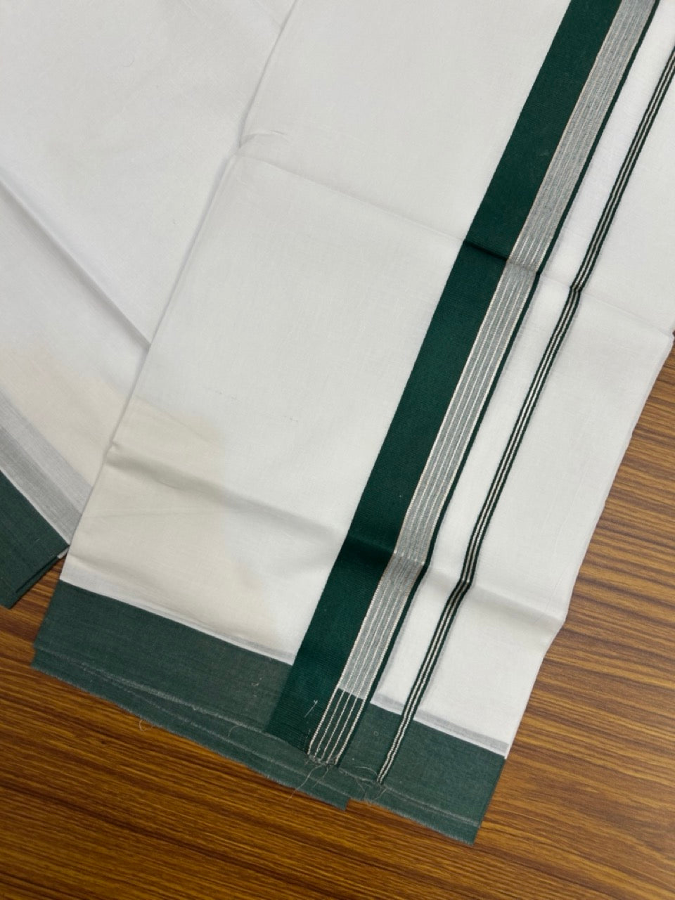 20% Discount ! KaithariKada Balaramapuram 100% Cotton Double Pure white Mundu/Dhoti- 100x80 - 1.5 inch Silver Kasavu & Dark Green Striped Kara - 3.90mtr ( 8 muzham) - 7 KK5251 PMC