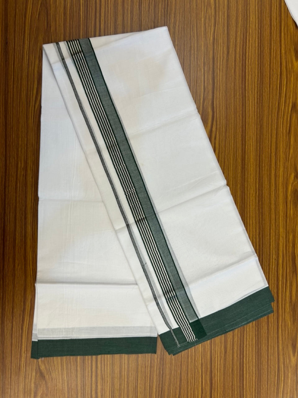 20% Discount ! KaithariKada Balaramapuram 100% Cotton Double Pure white Mundu/Dhoti- 100x80 - 1.75 inch Silver Kasavu & Dark Green Striped Kara - 3.90mtr ( 8 muzham) - 8 KK5251 PMC