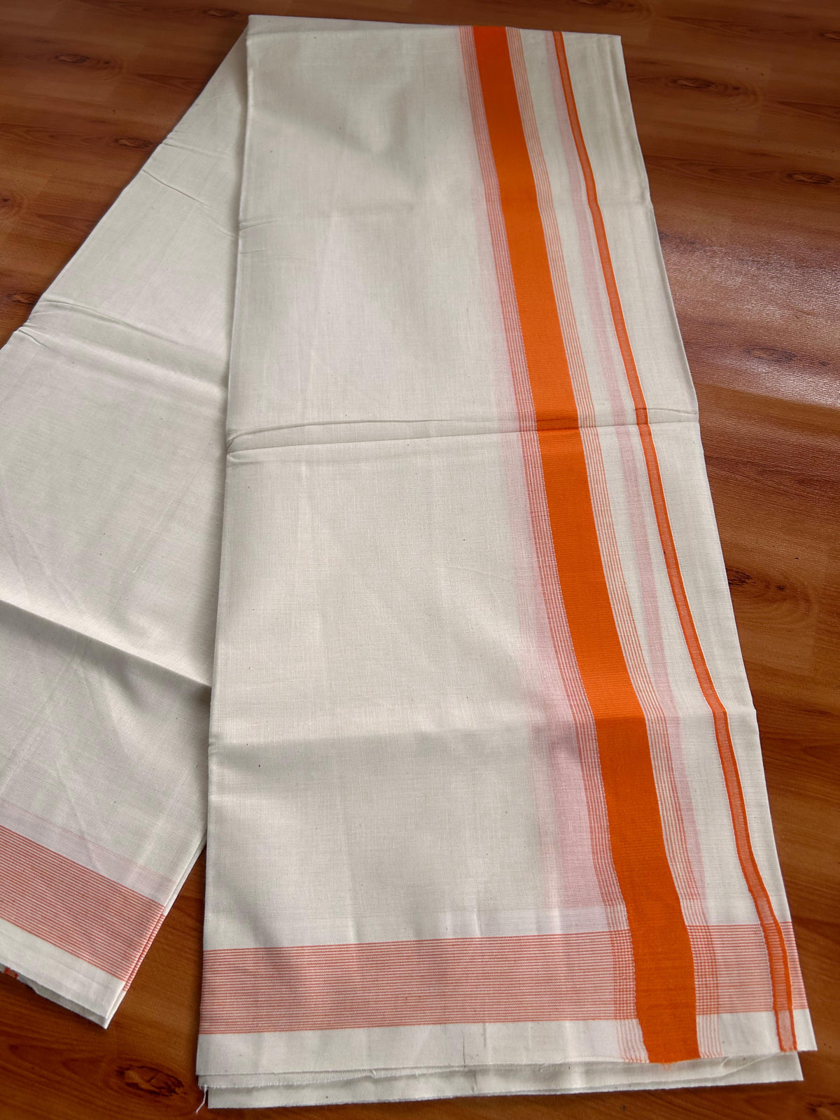 Double Off White (Unbleached) Mundu/Dhoti - 20% Discount! Kaitharikada Pulimood Pure Cotton - 100x80 - 1.55 Inch Vivid Orange Striped Kara 4 mtr (8.5 muzham) - 12 KK5541 PMC