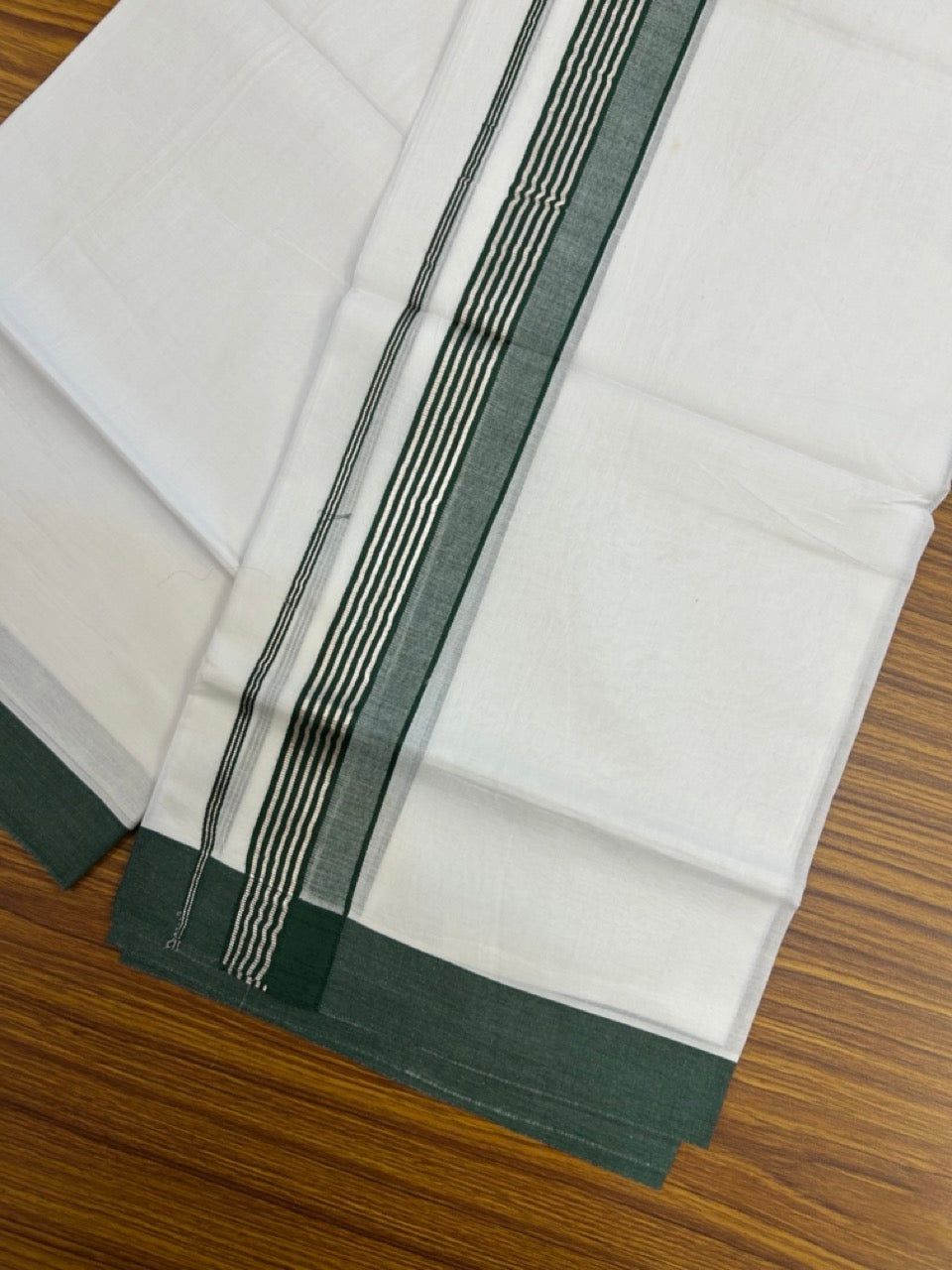 20% Discount ! KaithariKada Balaramapuram 100% Cotton Double Pure white Mundu/Dhoti- 100x80 - 1.75 inch Silver Kasavu & Dark Green Striped Kara - 3.90mtr ( 8 muzham) - 8 KK5251 PMC
