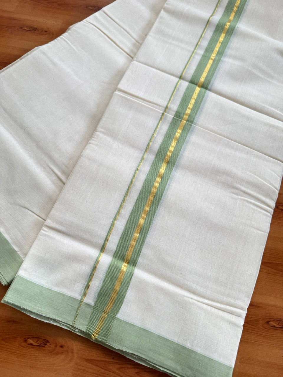 Off White (Unbleached) Double Mundu/Dothi - 25% Discount ! KaithariKada Handloom Millpaav - Kerala Handloom - 80x90 - 1.25 inch Gold Kasav & Pista Green Stripes Kara 4 Meters (8.5 Muzham) - 2 KK5508 RAM