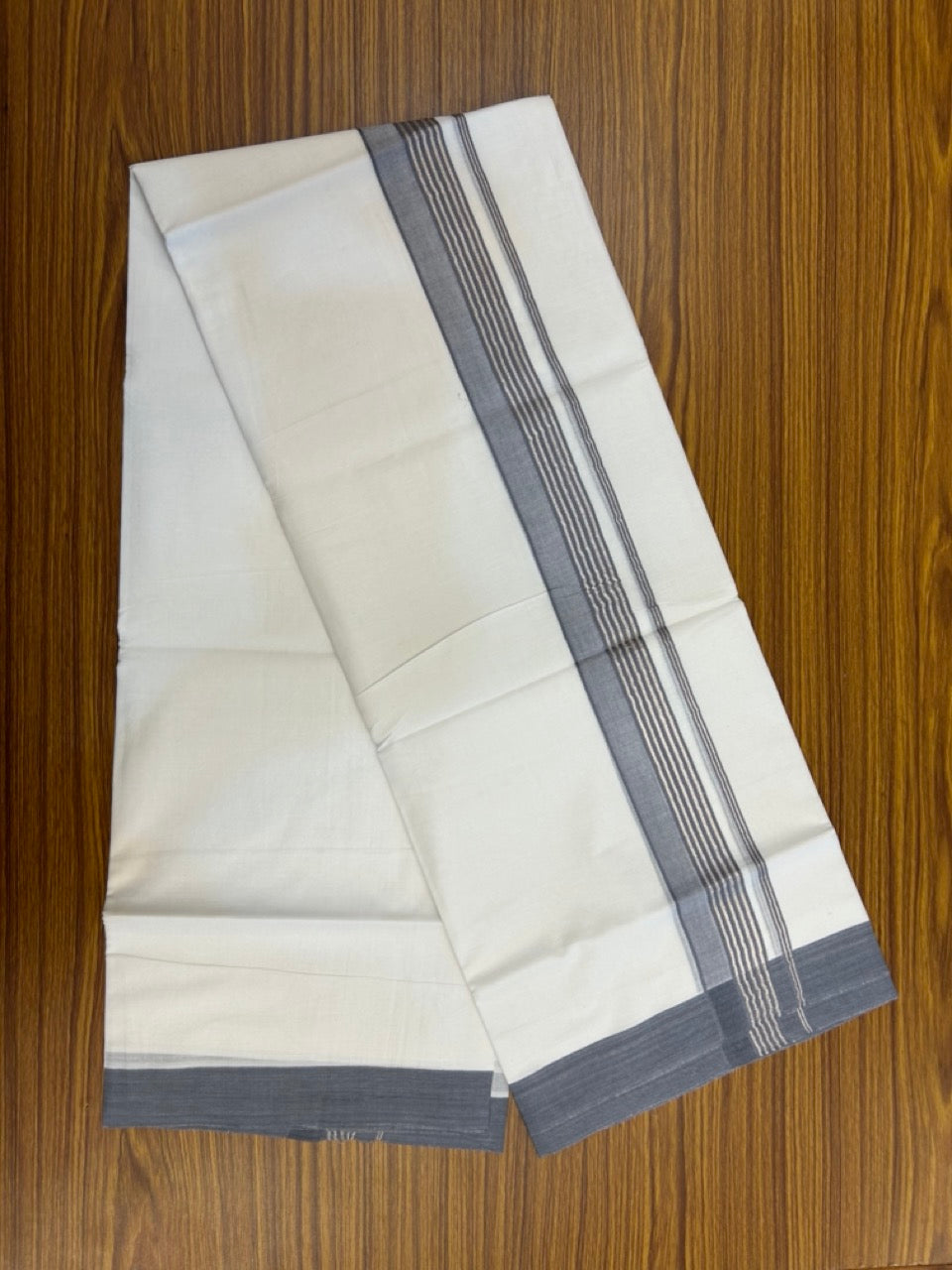 20% Discount ! KaithariKada Balaramapuram 100% Cotton Double Pure white Mundu/Dhoti- 100x80 - 1.75 inch Silver Kasavu & Ash Grey Striped Kara - 3.90mtr ( 8 muzham) - 9 KK5251 PMC