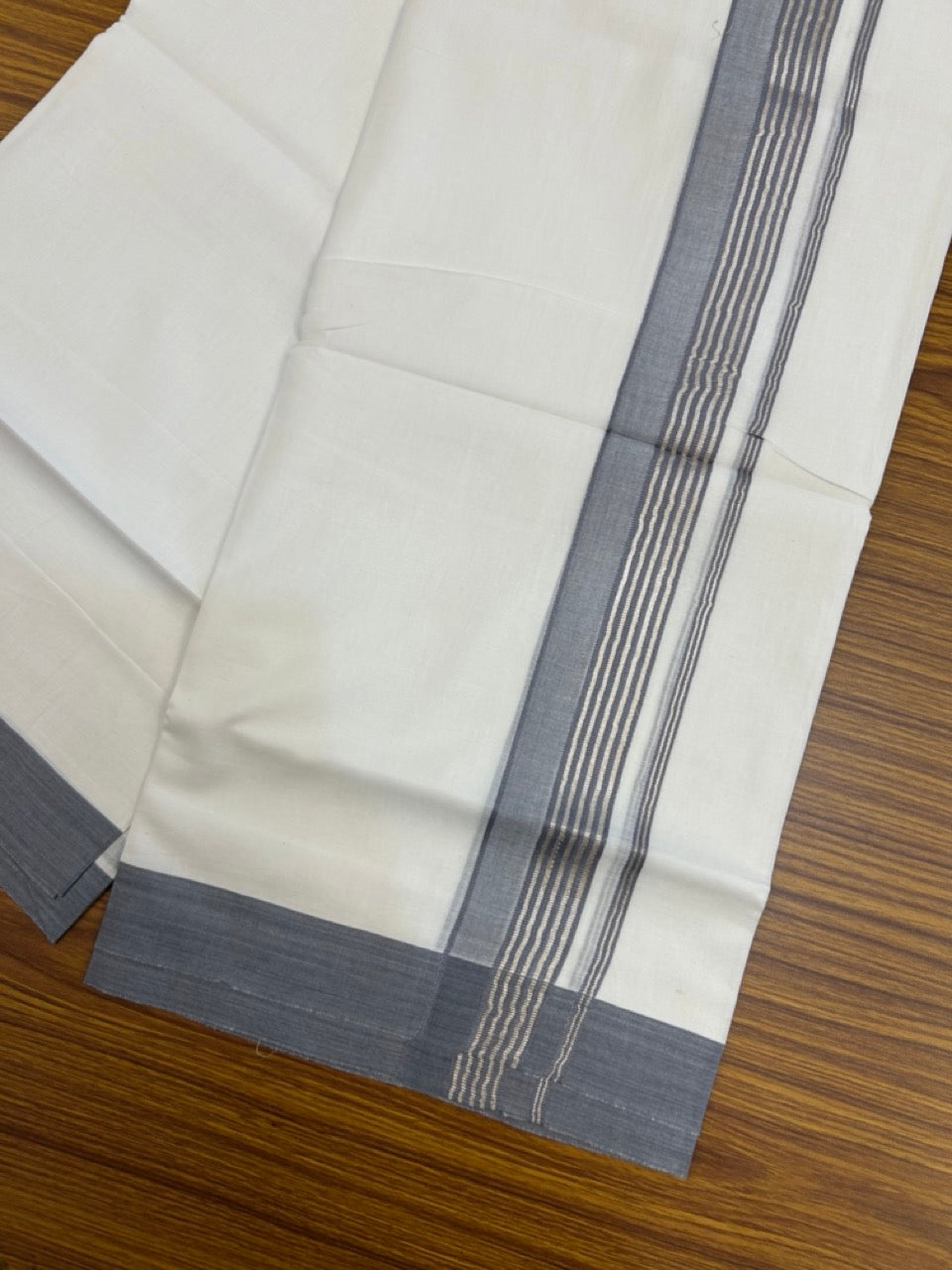 20% Discount ! KaithariKada Balaramapuram 100% Cotton Double Pure white Mundu/Dhoti- 100x80 - 1.75 inch Silver Kasavu & Ash Grey Striped Kara - 3.90mtr ( 8 muzham) - 9 KK5251 PMC
