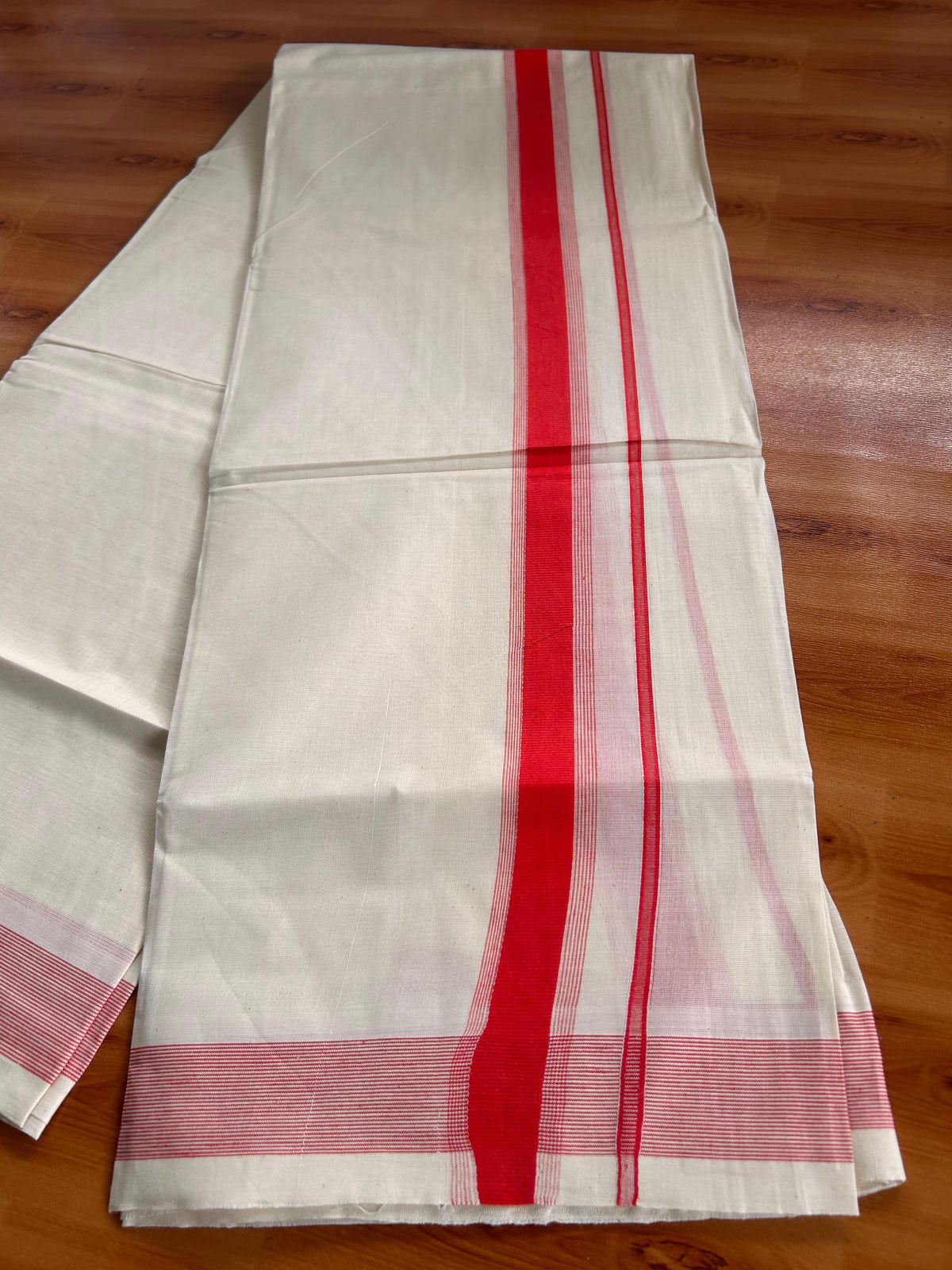 Double Off White (Unbleached) Mundu/Dhoti - 20% Discount! Kaitharikada Pulimood Pure Cotton - 100x80 - 1.5 Inch Scarlet Red Striped Kara 4 mtr (8.5 muzham) - 13 KK5541 PMC
