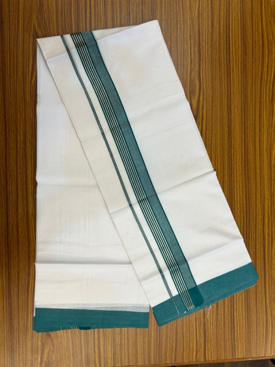 20% Discount ! KaithariKada Balaramapuram 100% Cotton Double Pure white Mundu/Dhoti- 100x80 - 1.5 inch Silver Kasavu & Light Green Striped Kara - 3.90mtr ( 8 muzham) - 10 KK5251 PMC