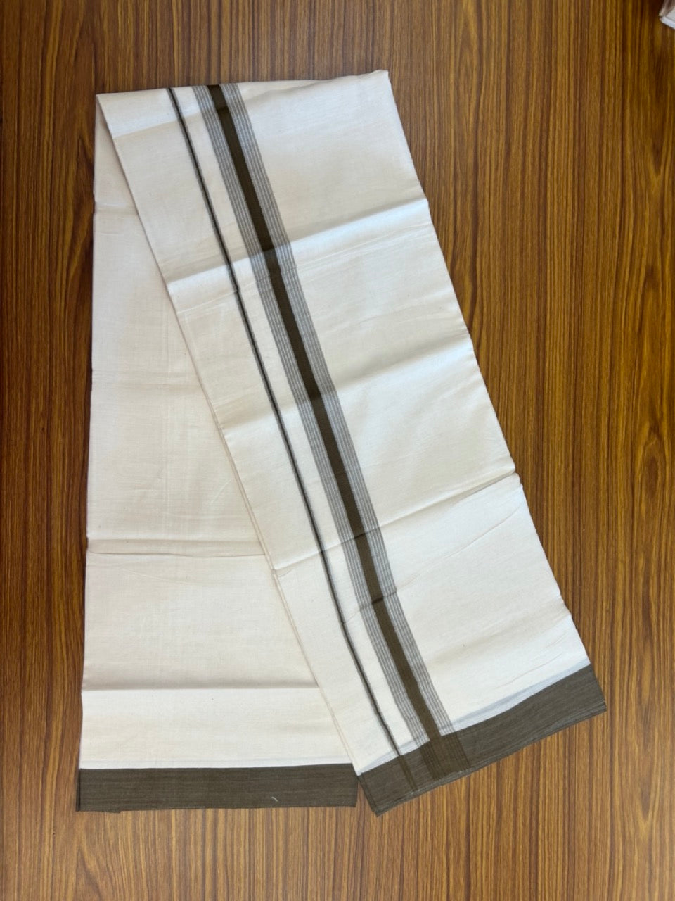 20% DISCOUNT! KaithariKada Balaramapuram Double OFF WHITE Mundu/Dhoti - 100x80 - 1.5 Inch Dark Olive Green Shaded striped Kara - 14 KK5285 VAS