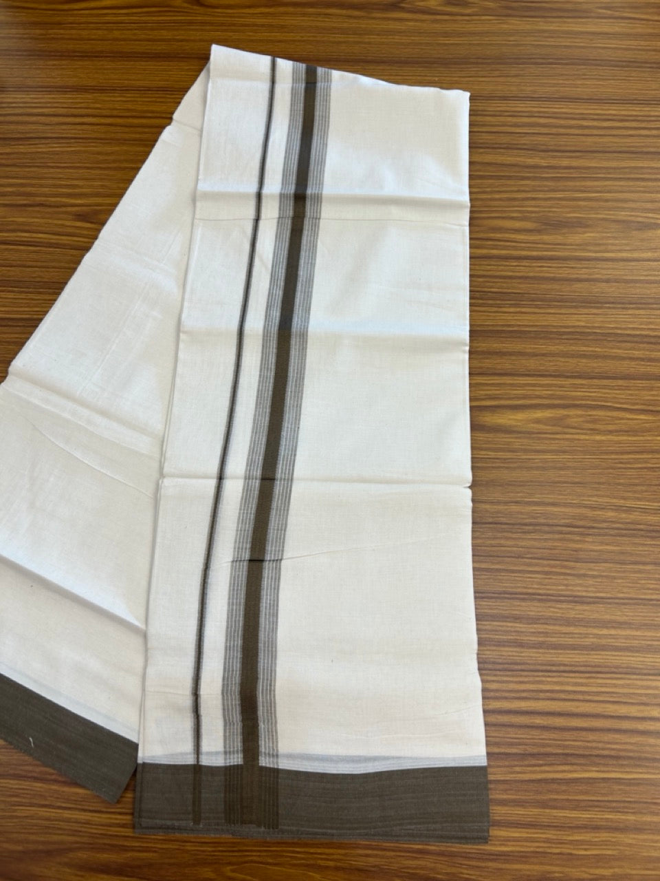 20% DISCOUNT! KaithariKada Balaramapuram Double OFF WHITE Mundu/Dhoti - 100x80 - 1.5 Inch Dark Olive Green Shaded striped Kara - 14 KK5285 VAS