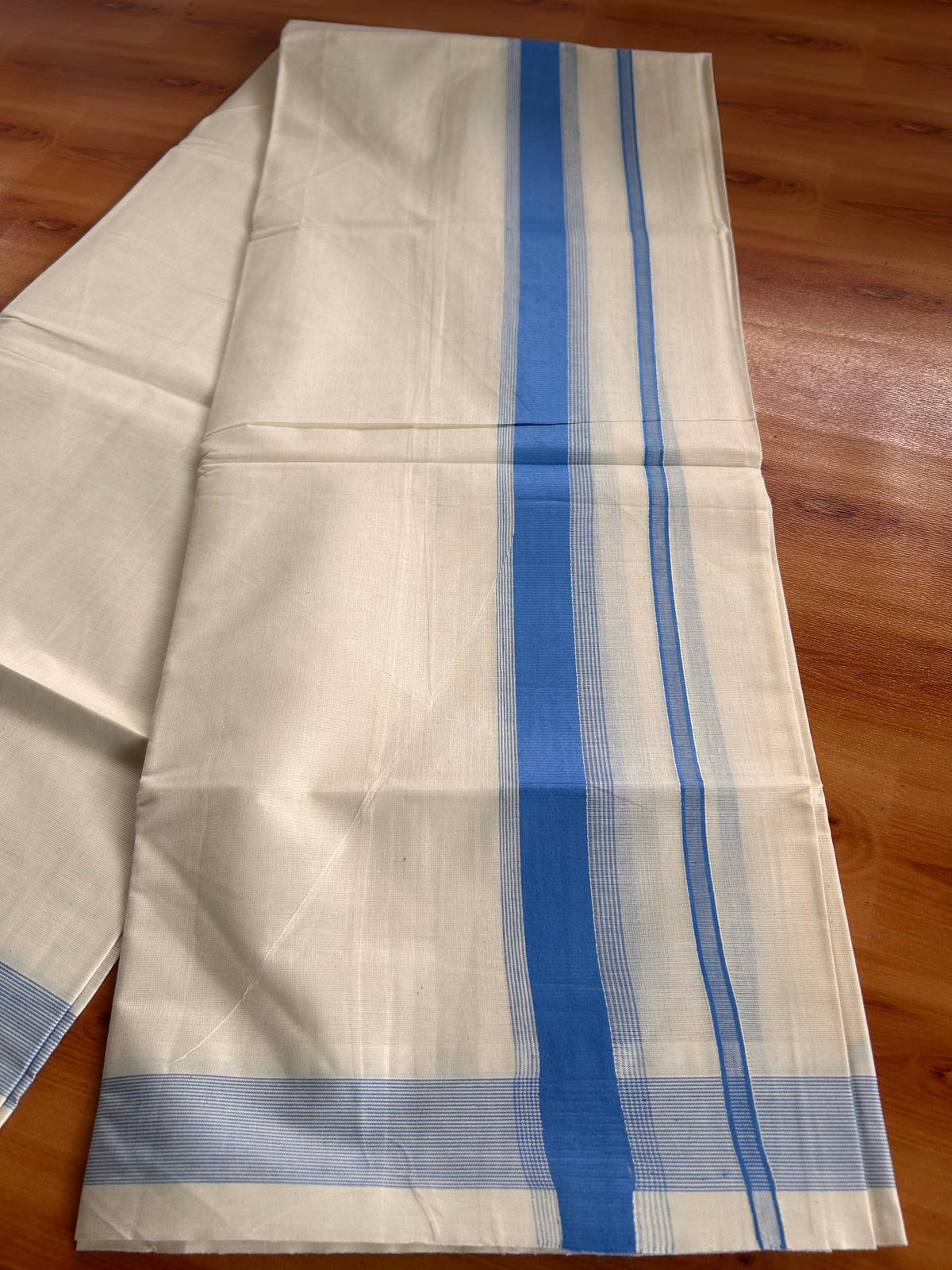 Double Off White (Unbleached) Mundu/Dhoti - 20% Discount! Kaitharikada Pulimood Pure Cotton - 100x80 - 1.54 Inch Steel Blue Striped Kara 4 mtr (8.5 muzham) - 14 KK5541 PMC