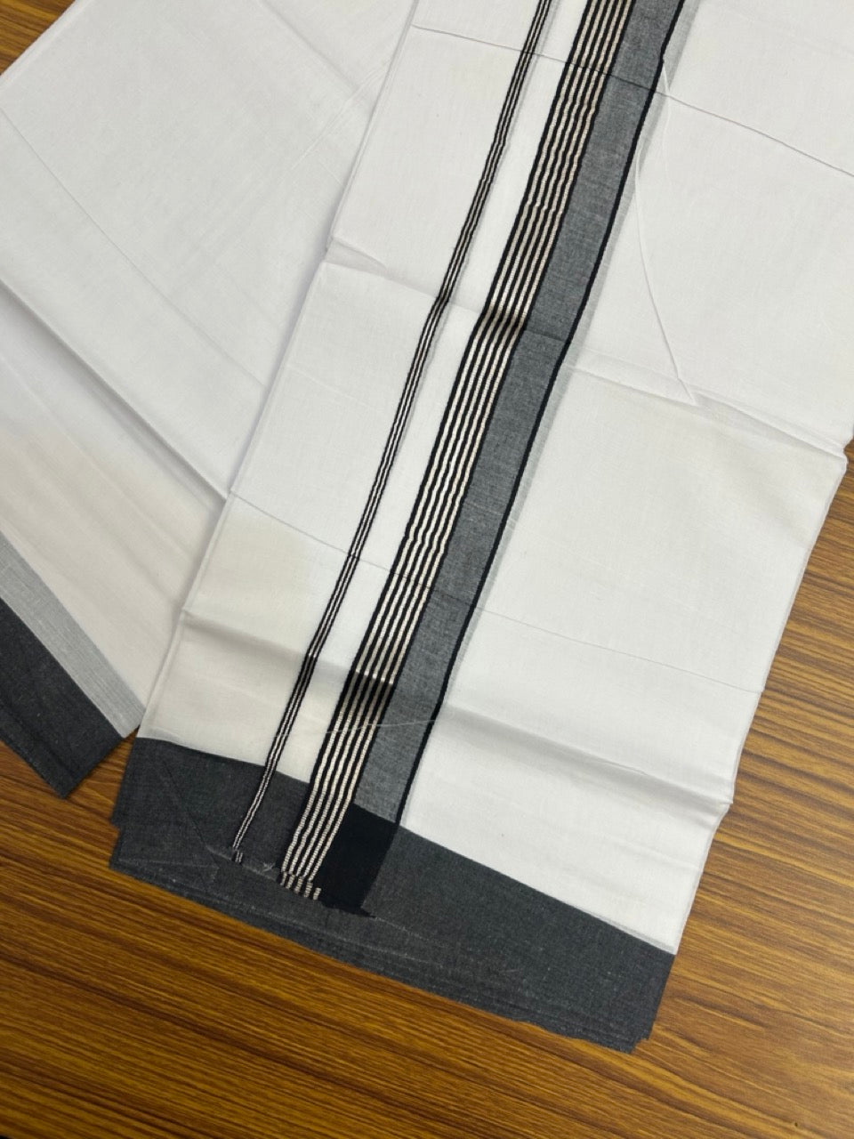 20% Discount ! KaithariKada Balaramapuram 100% Cotton Double Pure white Mundu/Dhoti- 100x80 - 1.5 inch Silver Kasavu & Black Striped Kara - 3.90mtr ( 8 muzham) - 11 KK5251 PMC