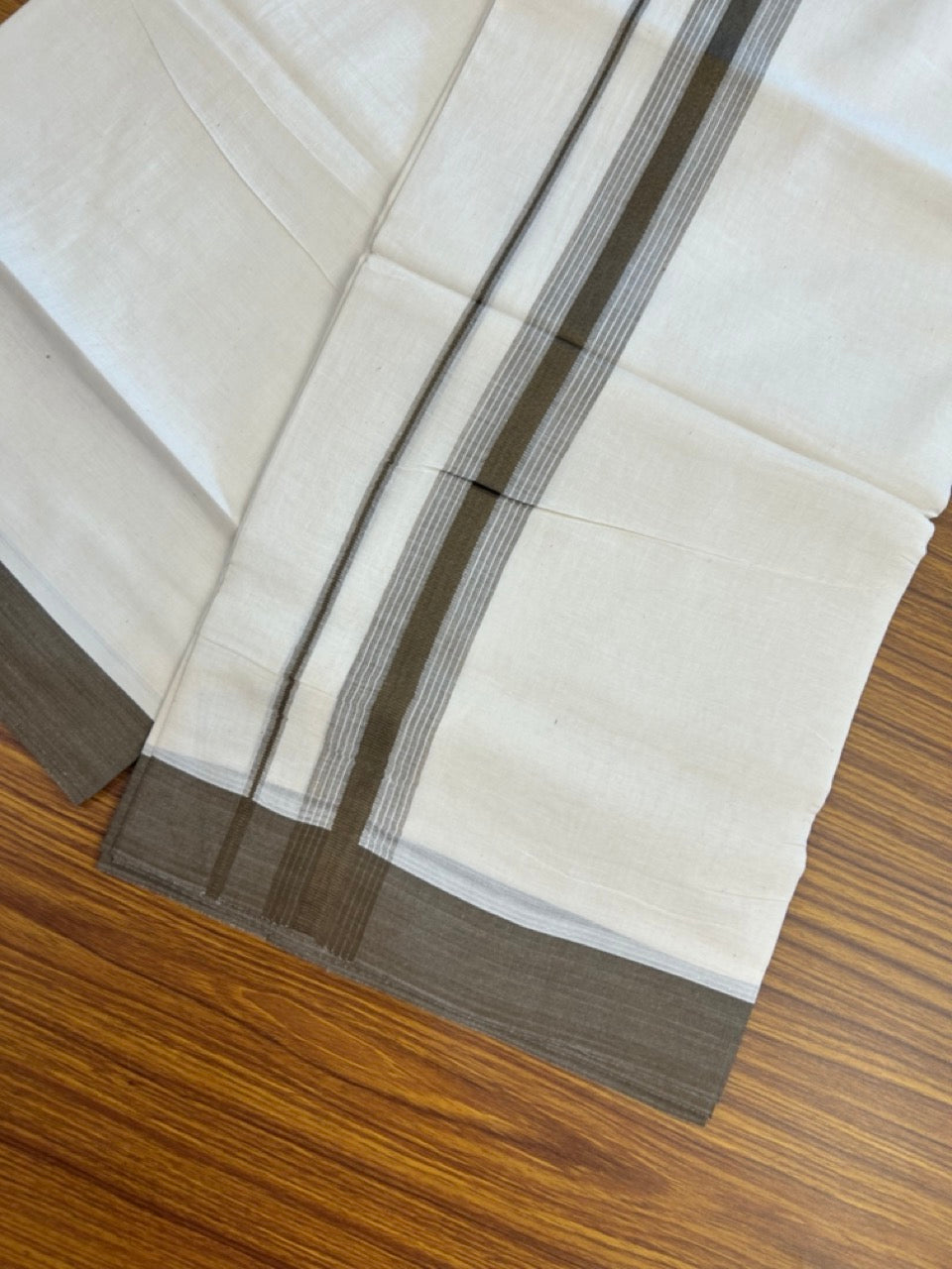 20% DISCOUNT! KaithariKada Balaramapuram Double OFF WHITE Mundu/Dhoti - 100x80 - 1.5 Inch Dark Olive Green Shaded striped Kara - 14 KK5285 VAS