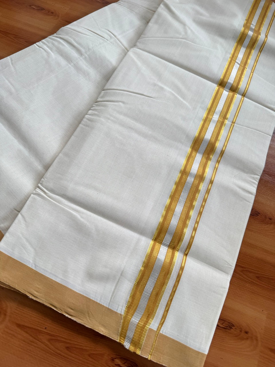 Double Off White (Unbleached) Mundu/Dhoti 25% Discount!! KaithariKada Handloom Millpaav - Kerala Handloom - 100% Pure Cotton - 80x90 - 1.5 Inch Gold Silver Kasav & Orange Brown Striped Kara 4 mtr (8.5 Muzham) - 9 KK5508 RAM