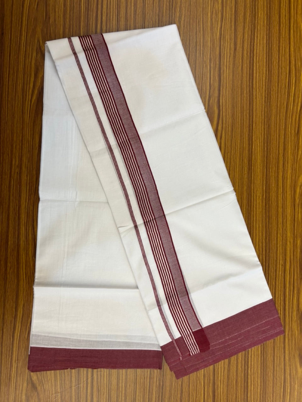 20% Discount ! KaithariKada Balaramapuram 100% Cotton Double Pure white Mundu/Dhoti- 100x80 - 1.5 inch Silver Kasavu & Maroon Striped Kara - 3.90mtr ( 8 muzham) - 12 KK5251 PMC