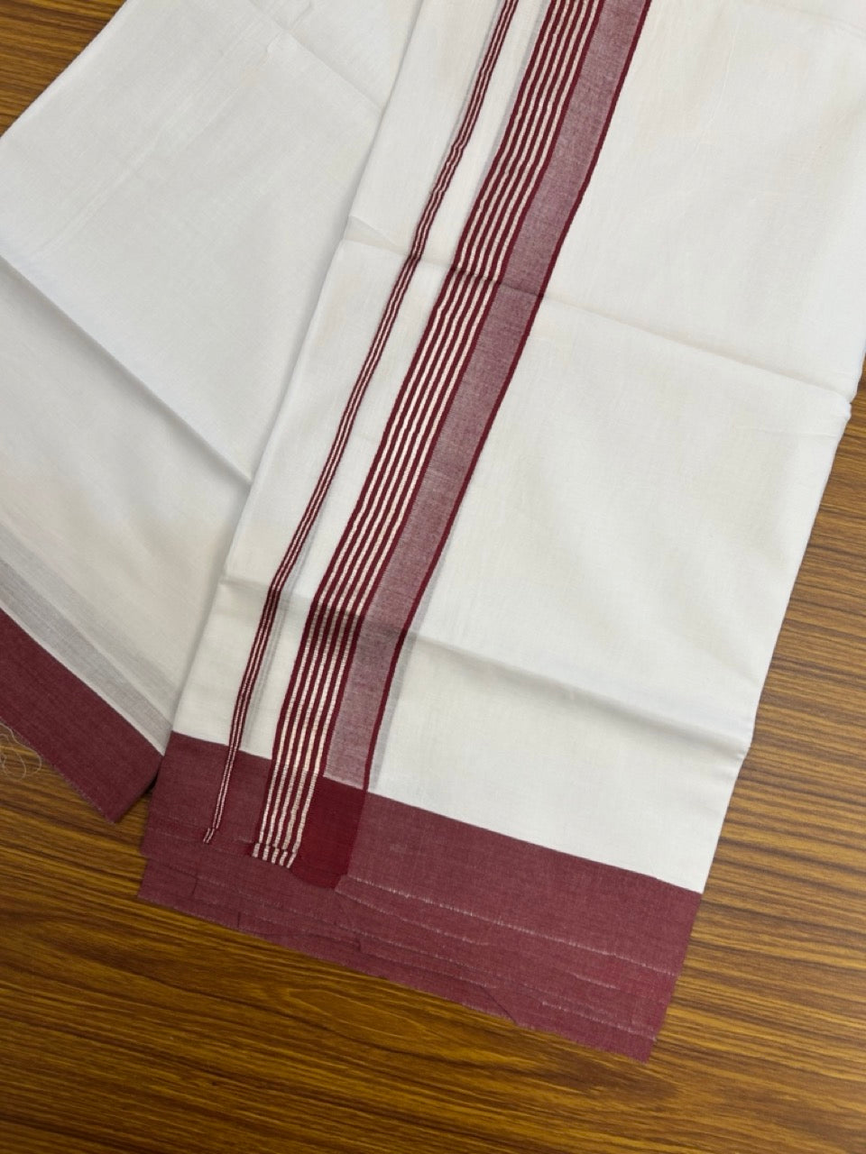 20% Discount ! KaithariKada Balaramapuram 100% Cotton Double Pure white Mundu/Dhoti- 100x80 - 1.5 inch Silver Kasavu & Maroon Striped Kara - 3.90mtr ( 8 muzham) - 12 KK5251 PMC