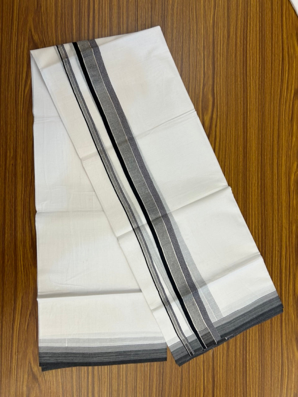 20% DISCOUNT ! KaithariKada Balaramapuram 100% Cotton Double Pure White Mundu/Dhoti - 100X80 - 1.5 inch Silver kasav Black Stripes kara 3.90 mtr (8 muzham)- 14 KK5251 PMC