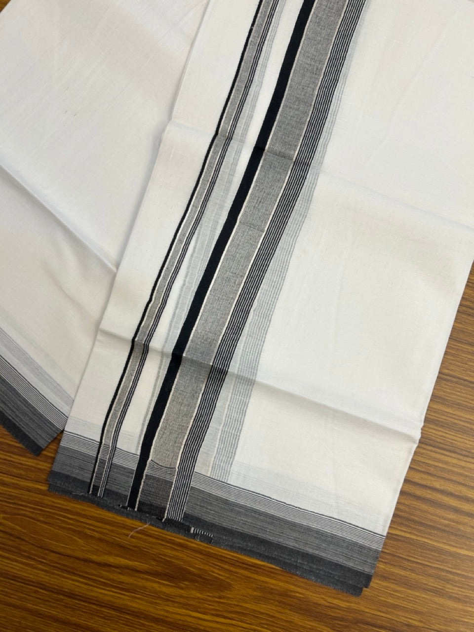 20% DISCOUNT ! KaithariKada Balaramapuram 100% Cotton Double Pure White Mundu/Dhoti - 100X80 - 1.5 inch Silver kasav Black Stripes kara 3.90 mtr (8 muzham)- 14 KK5251 PMC