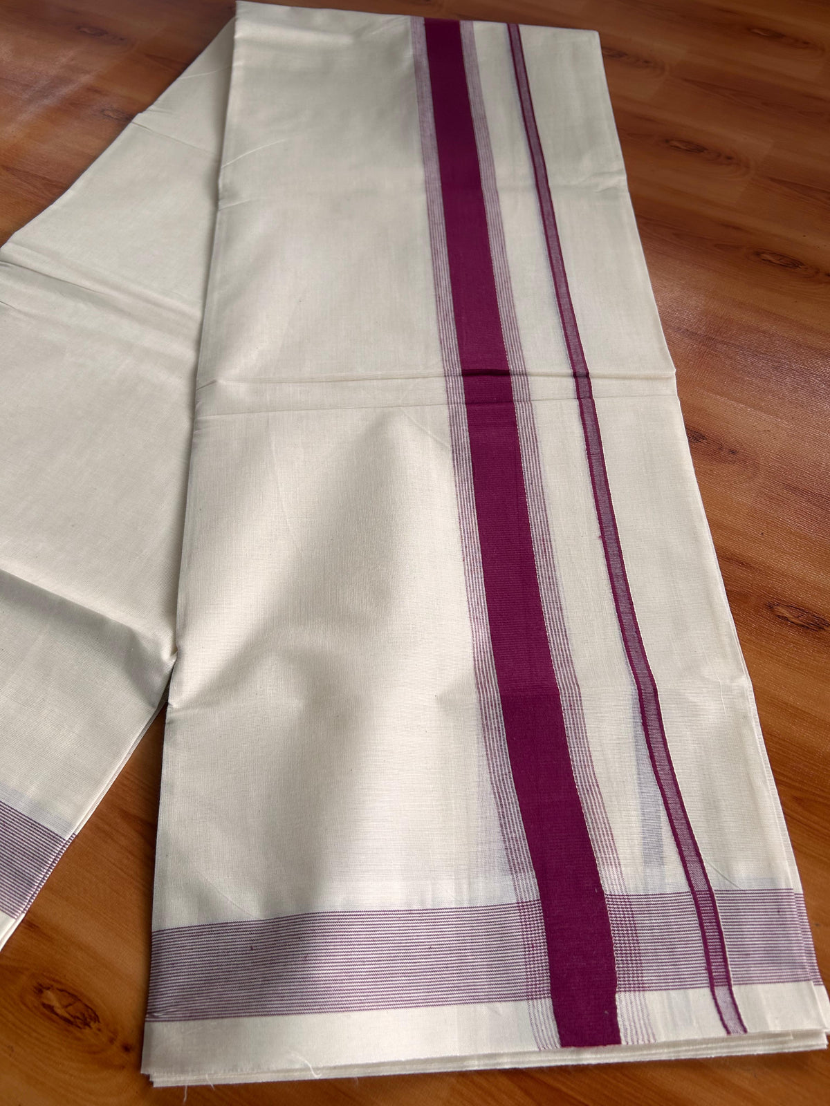 Double Off White (Unbleached) Mundu/Dhoti - 20% Discount! Kaitharikada Pulimood Pure Cotton - 100x80 - 1.75 Inch Purple Wine Striped Kara 4 mtr (8.5 muzham) - 15 KK5541 PMC