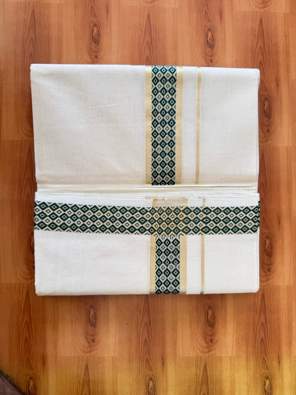 25% Discount ! Kaitharikada Handloom Unakkupaav - Kerala Handloom - 100% Pure Cotton Off White - (Unbleached) Double Mund/Dhoti - 100x80 - 1.75 inch Light Gold Kasav & Green Jacquard Design Kara 4 mtr (8.5 Muzham) - 36 KK5384 ABH