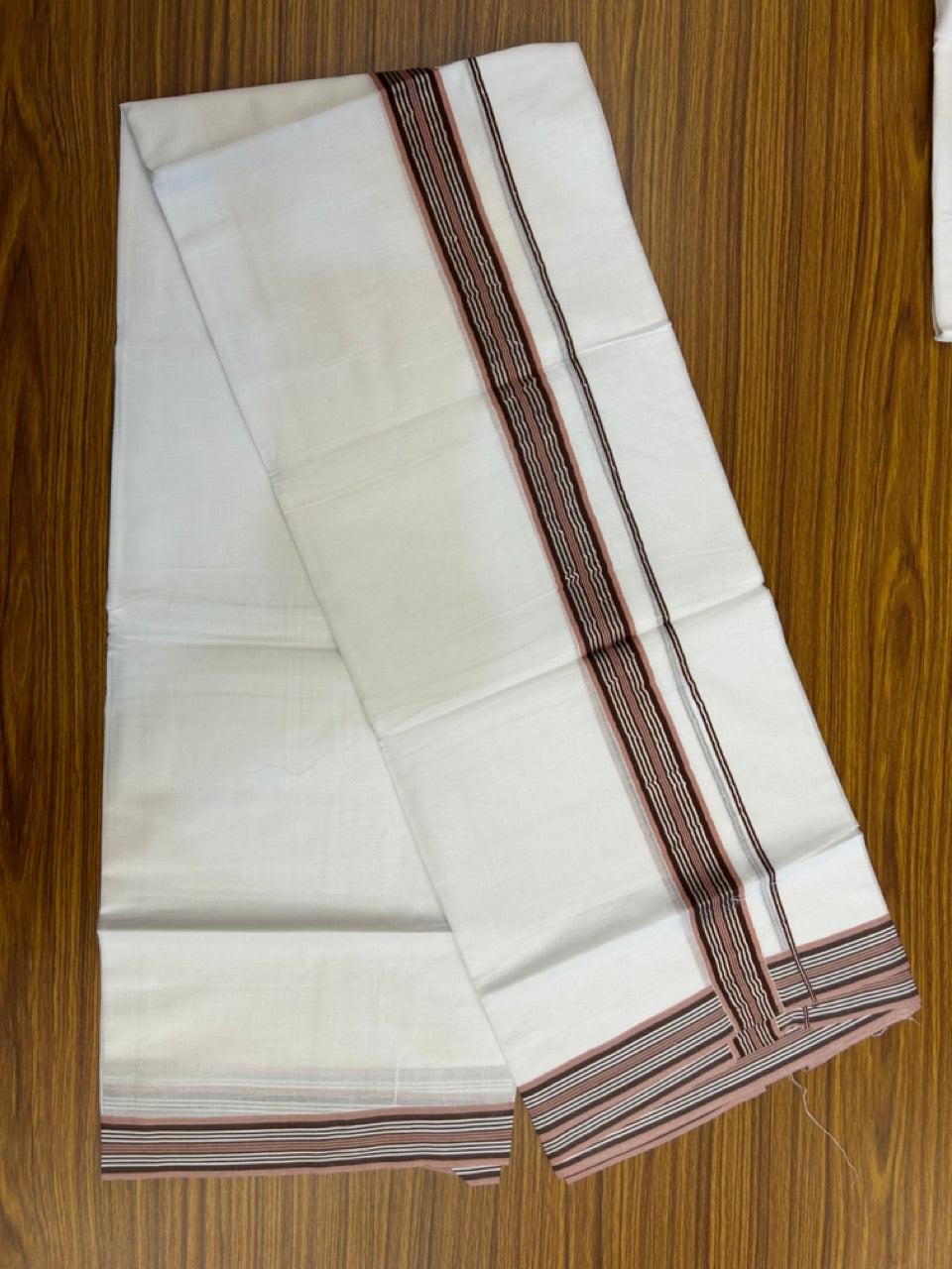 20% DISCOUNT ! KaithariKada Balaramapuram 100% Cotton Double PURE WHITE Mundu/Dhoti - 100X80 - 1.5 inch Silver kasav Brown & Dusty Rose Stripes kara 3.90 mtr (8 muzham)- 16 KK5251 PMC