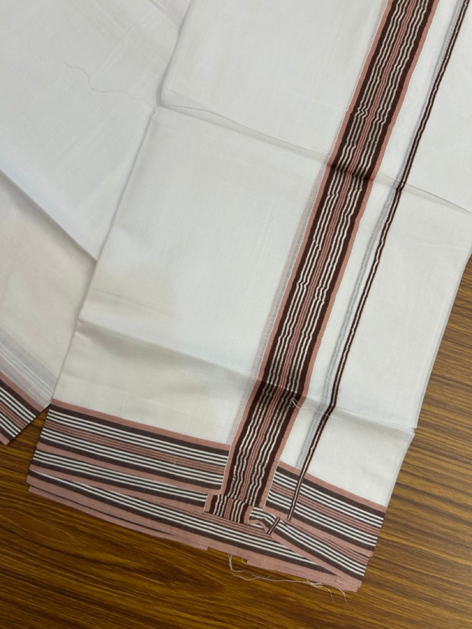 20% DISCOUNT ! KaithariKada Balaramapuram 100% Cotton Double PURE WHITE Mundu/Dhoti - 100X80 - 1.5 inch Silver kasav Brown & Dusty Rose Stripes kara 3.90 mtr (8 muzham)- 16 KK5251 PMC