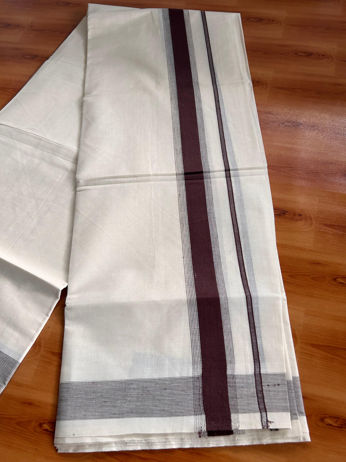 Double Off White (Unbleached) Mundu/Dhoti - 20% Discount! Kaitharikada Pulimood Pure Cotton - 100x80 - 1.75 Inch Brown Striped Kara 4 mtr (8.5 muzham) - 18 KK5541 PMC