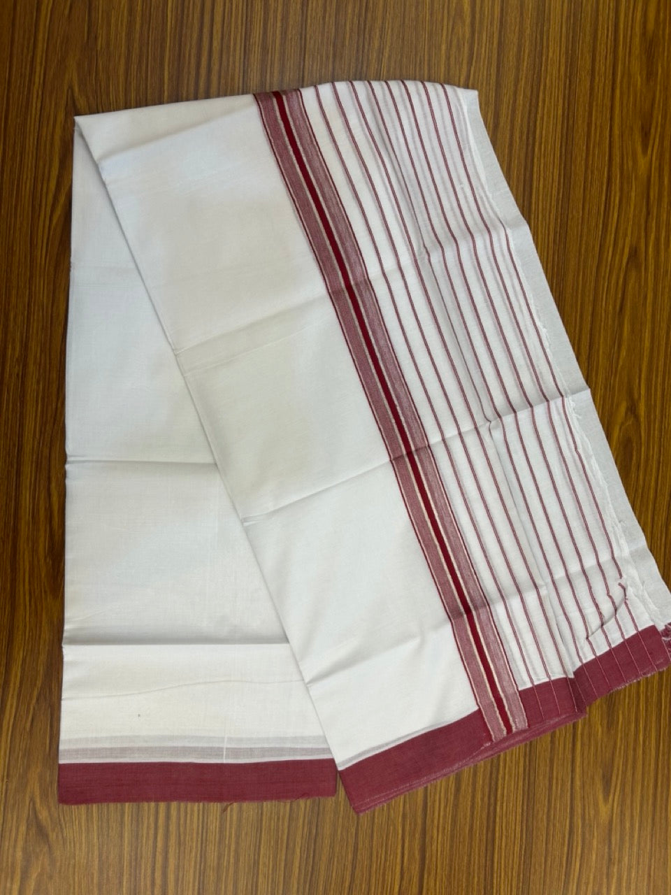 20% DISCOUNT ! KaithariKada Balaramapuram 100% Cotton Double Pure White Mundu/Dhoti - 100X80 - 6.5 inch Silver kasav Reddish Maroon Stripes kara 3.90 mtr (8 muzham) - 17 KK5251 PMC
