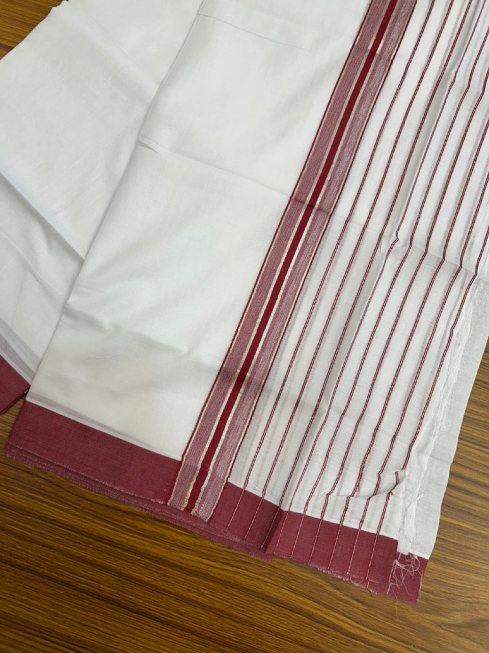20% DISCOUNT ! KaithariKada Balaramapuram 100% Cotton Double Pure White Mundu/Dhoti - 100X80 - 6.5 inch Silver kasav Reddish Maroon Stripes kara 3.90 mtr (8 muzham) - 17 KK5251 PMC