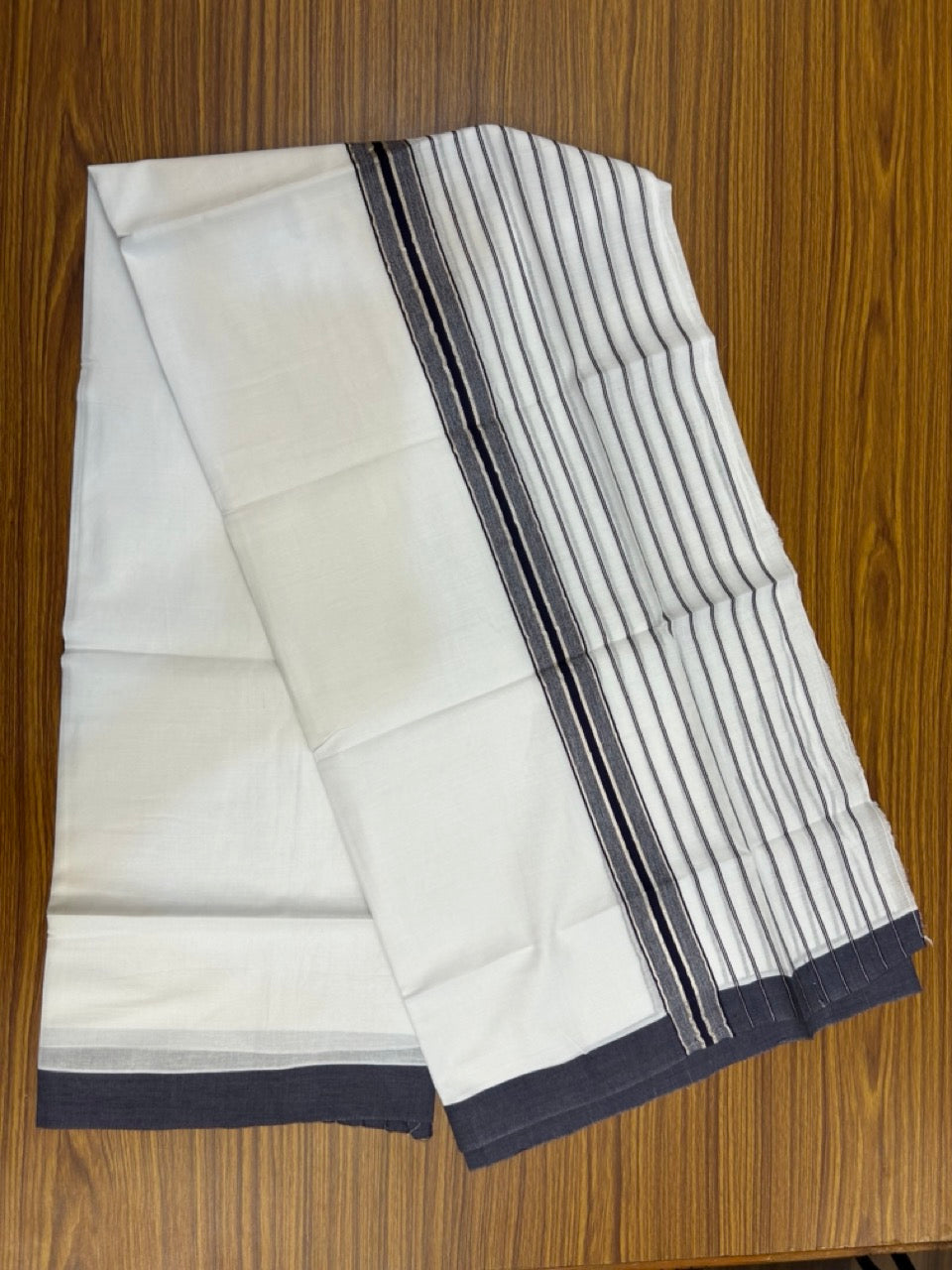 20% DISCOUNT ! KaithariKada Balaramapuram 100% Cotton Double Pure White Mundu/Dhoti - 100X80 - 6.5 inch Silver kasav Navy Blue Stripes kara 3.90 mtr (8 muzham) - 18 KK5251 PMC