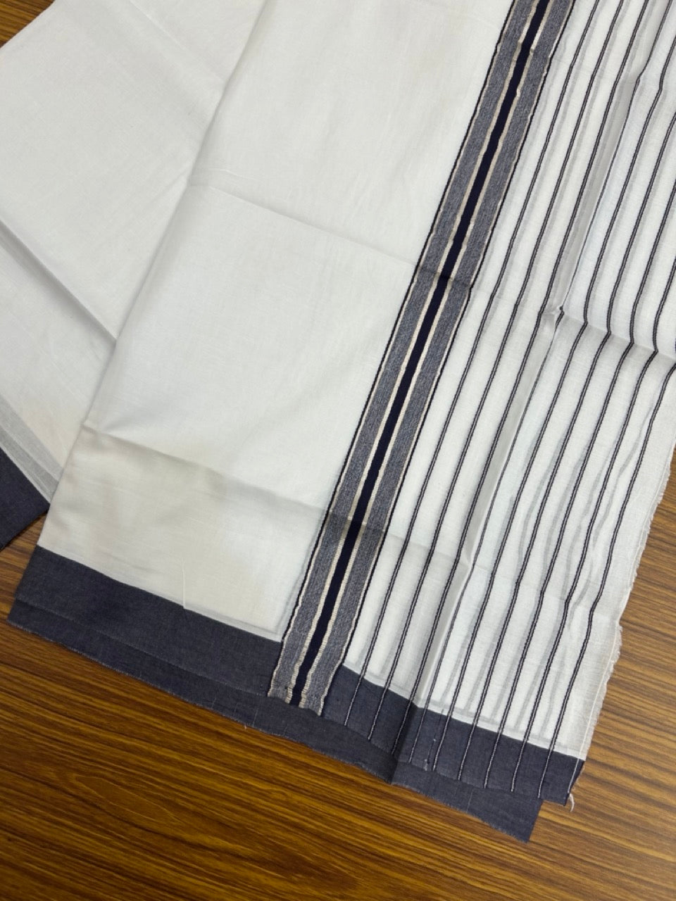 20% DISCOUNT ! KaithariKada Balaramapuram 100% Cotton Double Pure White Mundu/Dhoti - 100X80 - 6.5 inch Silver kasav Navy Blue Stripes kara 3.90 mtr (8 muzham) - 18 KK5251 PMC