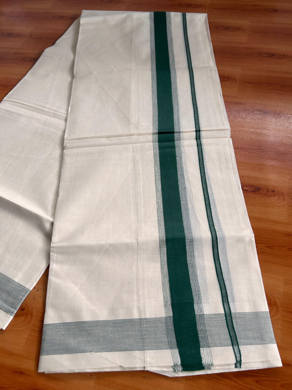 Double Off White (Unbleached) Mundu/Dhoti - 20% Discount! Kaitharikada Pulimood Pure Cotton - 100x80 - 1.5 Inch Dark Green Striped Kara 4 mtr (8.5 muzham) - 20 KK5541 PMC