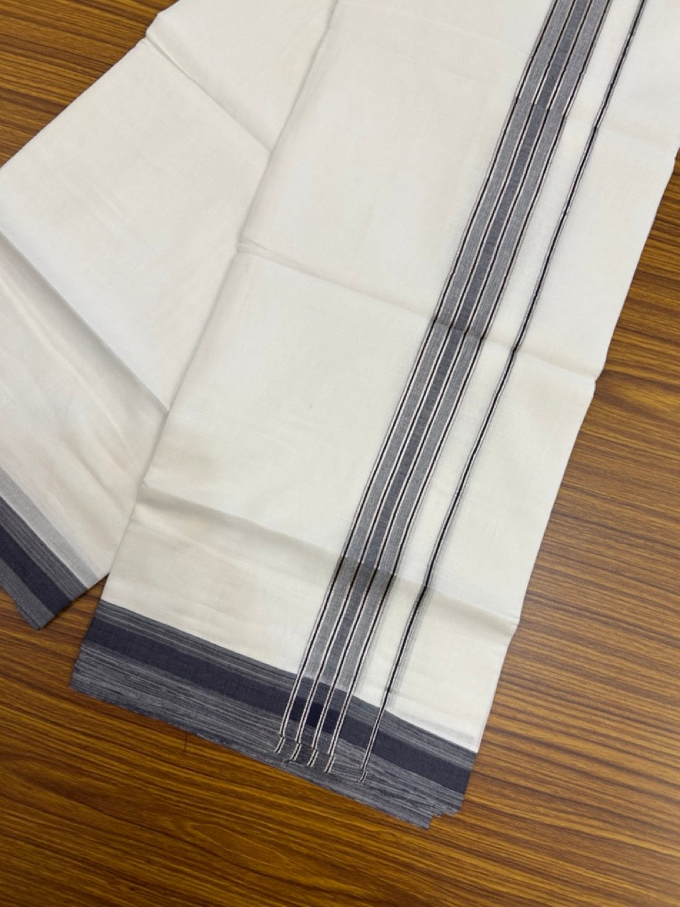 20% Discount ! KaithariKada Balaramapuram 100% Cotton Double Pure white Mundu/Dhoti- 100x80 - 1.5 inch Silver Kasavu & Navy Blue Striped Kara - 3.90mtr ( 8 muzham) - 20 KK5251 PMC