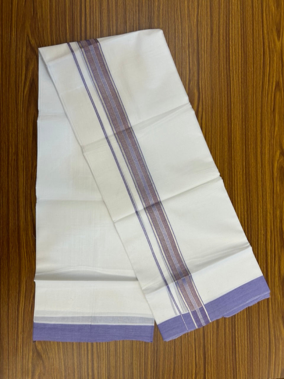 20% Discount ! KaithariKada Balaramapuram 100% Cotton Double Pure white Mundu/Dhoti- 100x80 - 1.5 inch Silver Kasavu & Lavender Striped Kara 3.90mtr ( 8 muzham) - 21 KK5251 PMC