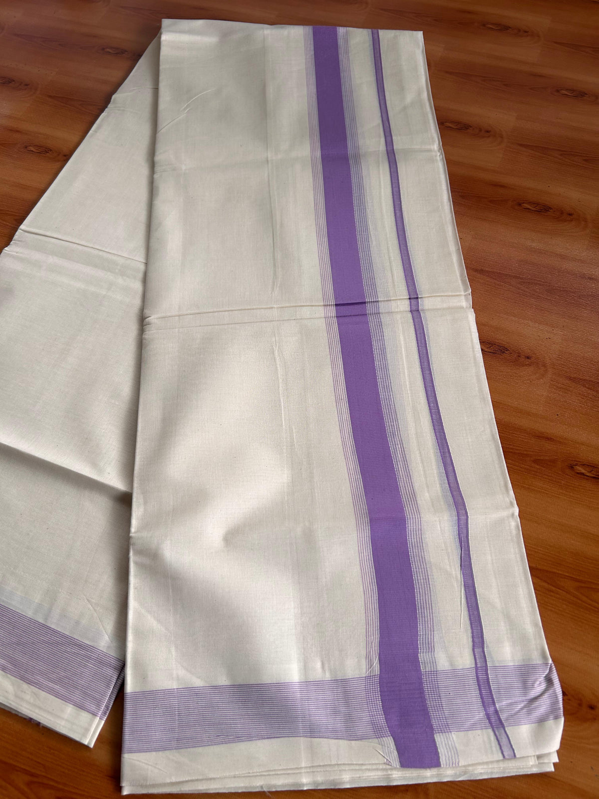 Double Off White (Unbleached) Mundu/Dhoti - 20% Discount! Kaitharikada Pulimood Pure Cotton - 100x80 - 1.75 Inch Orchid Violet Striped Kara 4 mtr (8.5 muzham) - 21 KK5541 PMC