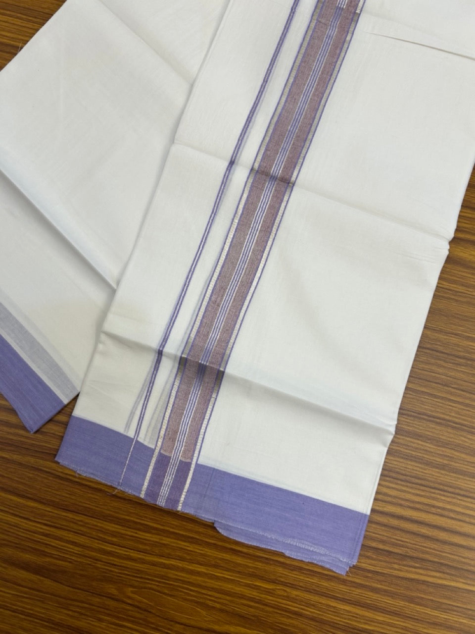 20% Discount ! KaithariKada Balaramapuram 100% Cotton Double Pure white Mundu/Dhoti- 100x80 - 1.5 inch Silver Kasavu & Lavender Striped Kara 3.90mtr ( 8 muzham) - 21 KK5251 PMC