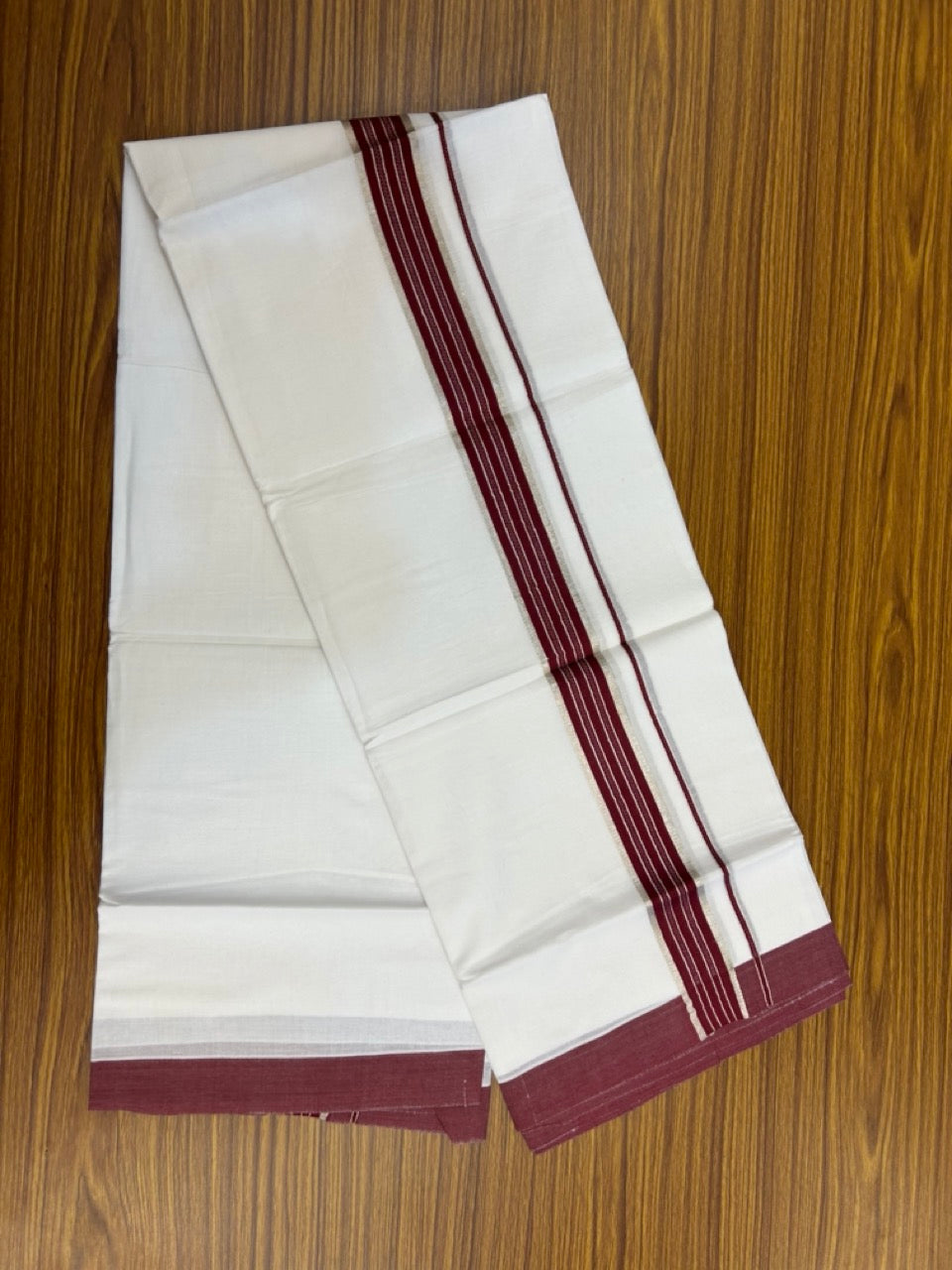 20% Discount ! KaithariKada Balaramapuram 100% Cotton Double Pure white Mundu/Dhoti- 100x80 - 1.5 inch Silver Kasavu & Dark Maroon Striped Kara 3.90mtr ( 8 muzham) - 22 KK5251 PMC