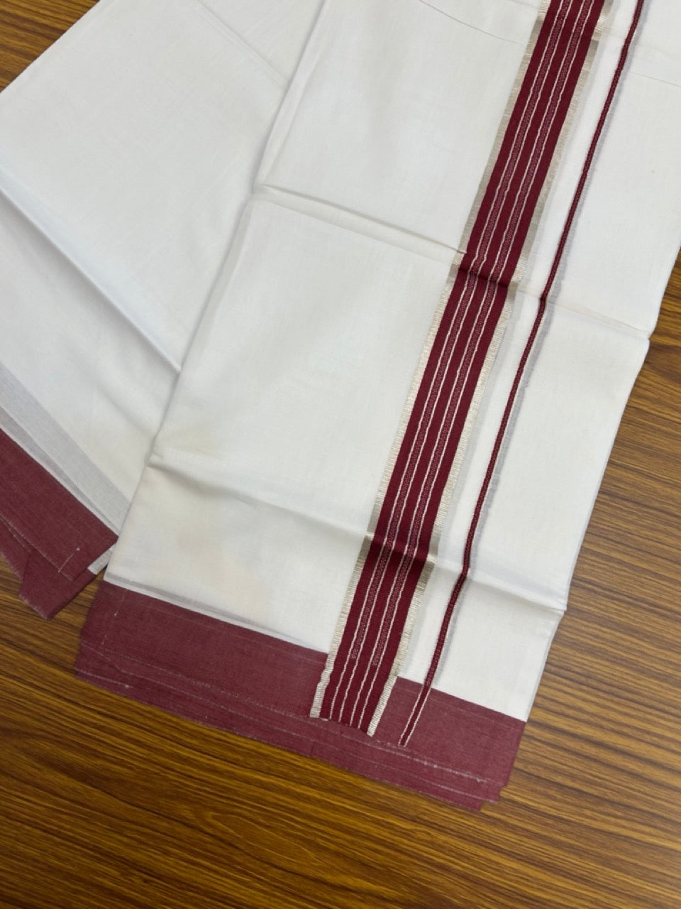 20% Discount ! KaithariKada Balaramapuram 100% Cotton Double Pure white Mundu/Dhoti- 100x80 - 1.5 inch Silver Kasavu & Dark Maroon Striped Kara 3.90mtr ( 8 muzham) - 22 KK5251 PMC