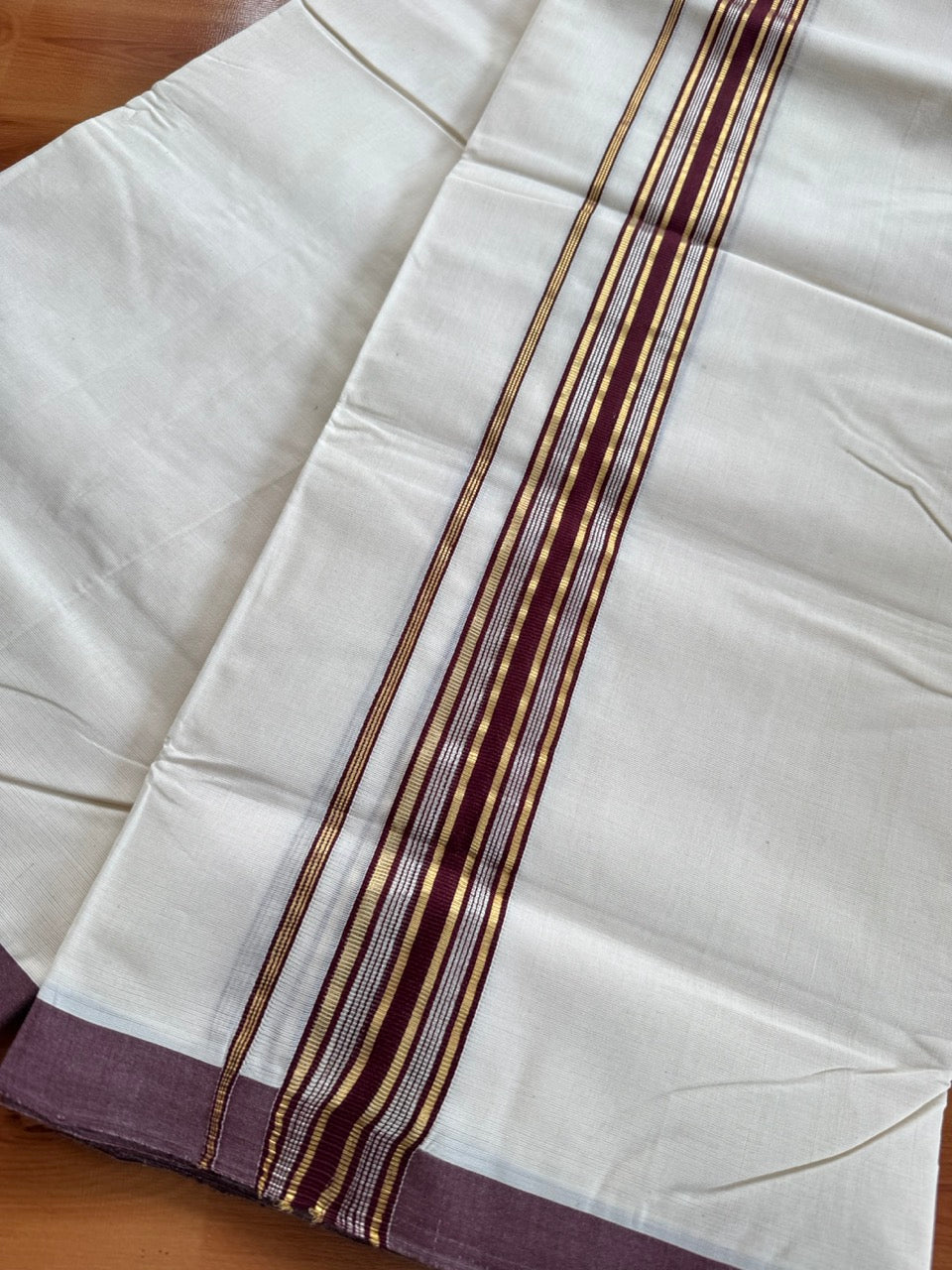 Double Off White (Unbleached) Mundu/Dhoti 25% Discount!! KaithariKada Handloom Millpaav - Kerala Handloom - 100% Pure Cotton - 80x90 - 1.25 Inch Gold Silver Kasav & Dark Maroon Striped Kara 4 mtr (8.5 Muzham) - 15 KK5508 RAM