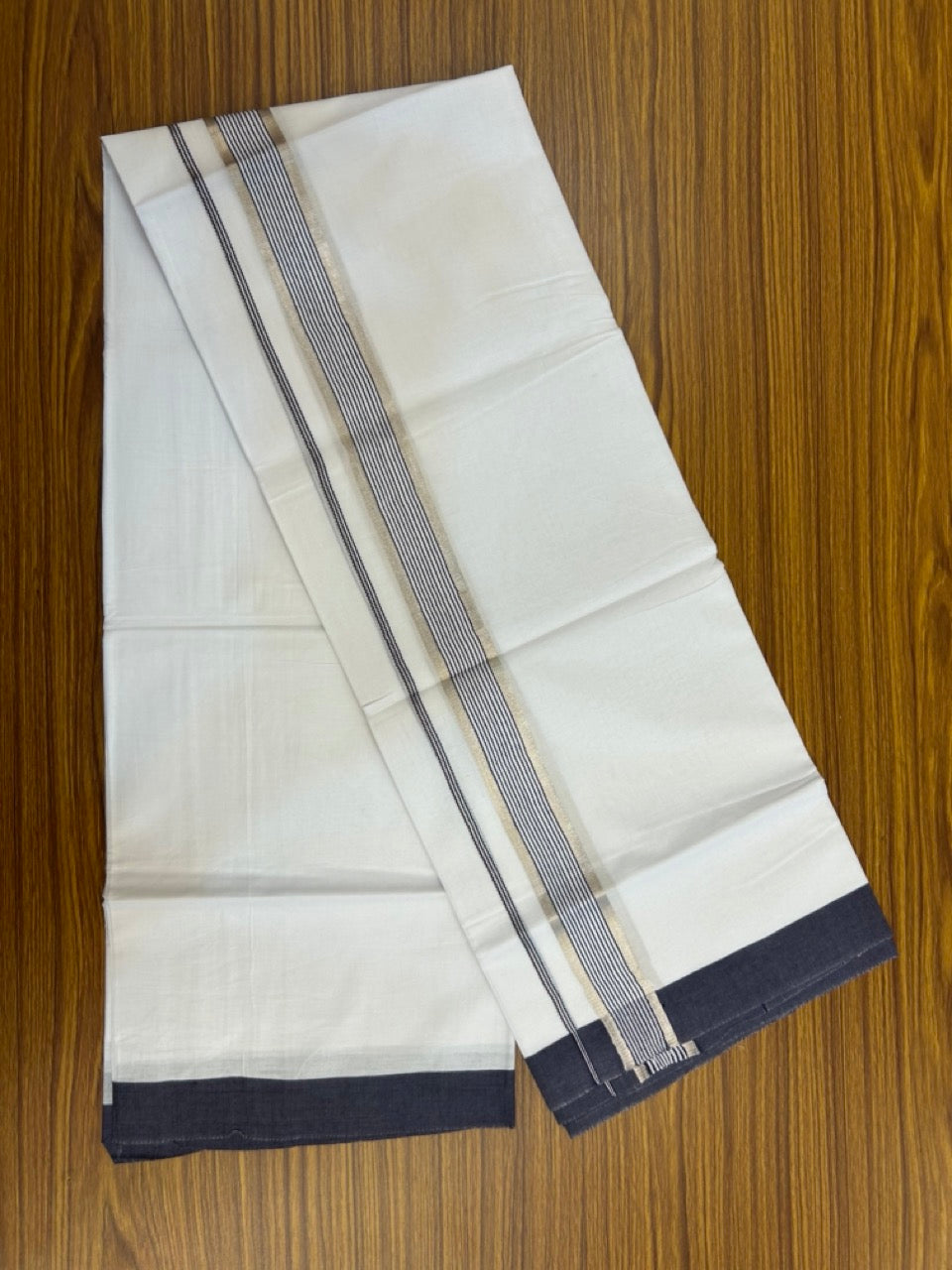 20% Discount ! KaithariKada Balaramapuram 100% Cotton Double Pure white Mundu/Dhoti- 100x80 - 1.5 inch Silver Kasavu & Navy Blue Striped Kara 3.90mtr ( 8 muzham) - 24 KK5251 PMC