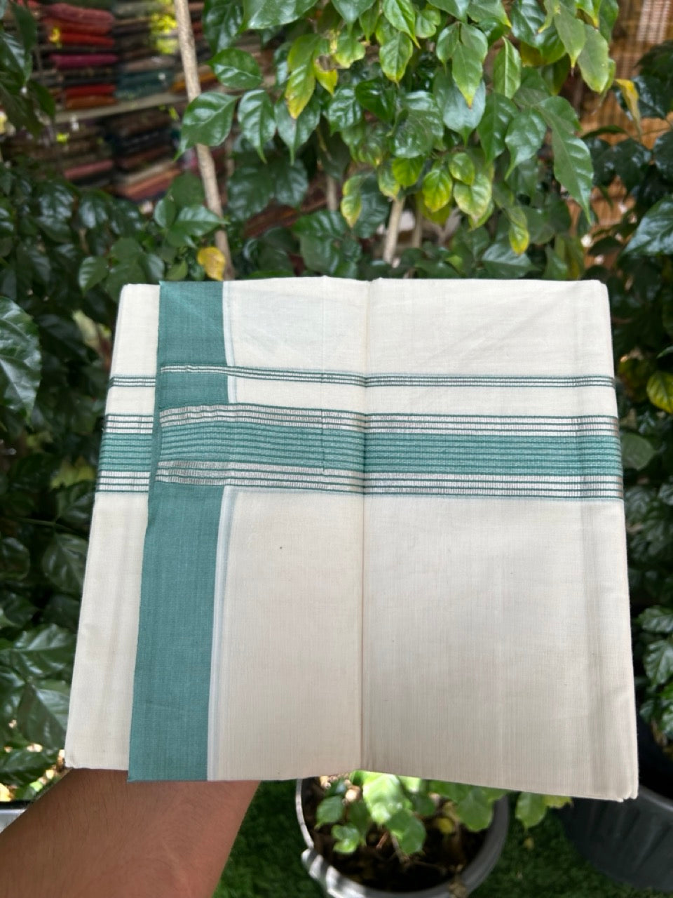 20% DISCOUNT! KaithariKada Balaramapuram Double OFF WHITE Mundu/Dhoti - 80x80 - 1.5 Inch Silver Kasav & Teal Green striped Kara - 8 KK5285 VAS