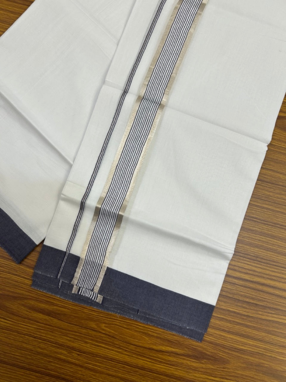 20% Discount ! KaithariKada Balaramapuram 100% Cotton Double Pure white Mundu/Dhoti- 100x80 - 1.5 inch Silver Kasavu & Navy Blue Striped Kara 3.90mtr ( 8 muzham) - 24 KK5251 PMC