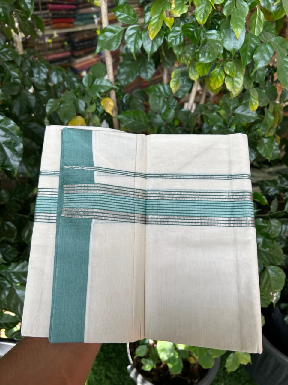 20% DISCOUNT! KaithariKada Balaramapuram Double OFF WHITE Mundu/Dhoti - 80x80 - 1.5 Inch Silver Kasav & Light Teal Green striped Kara - 5 KK5285 VAS