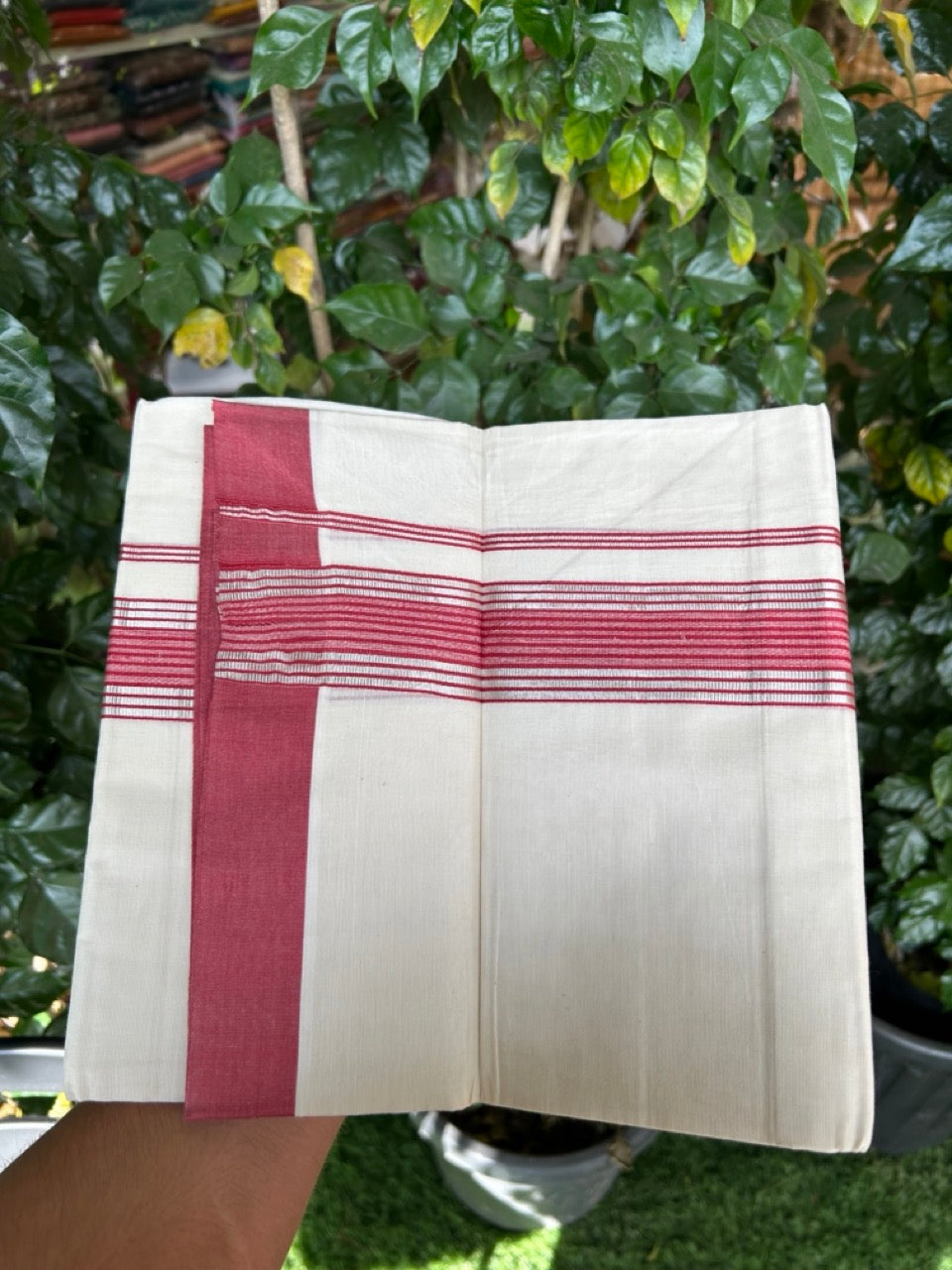 20% DISCOUNT! KaithariKada Balaramapuram Double OFF WHITE Mundu/Dhoti - 80x80 - 1.75 Inch Silver Kasav & Magenta Red striped Kara - 4 KK5285 VAS
