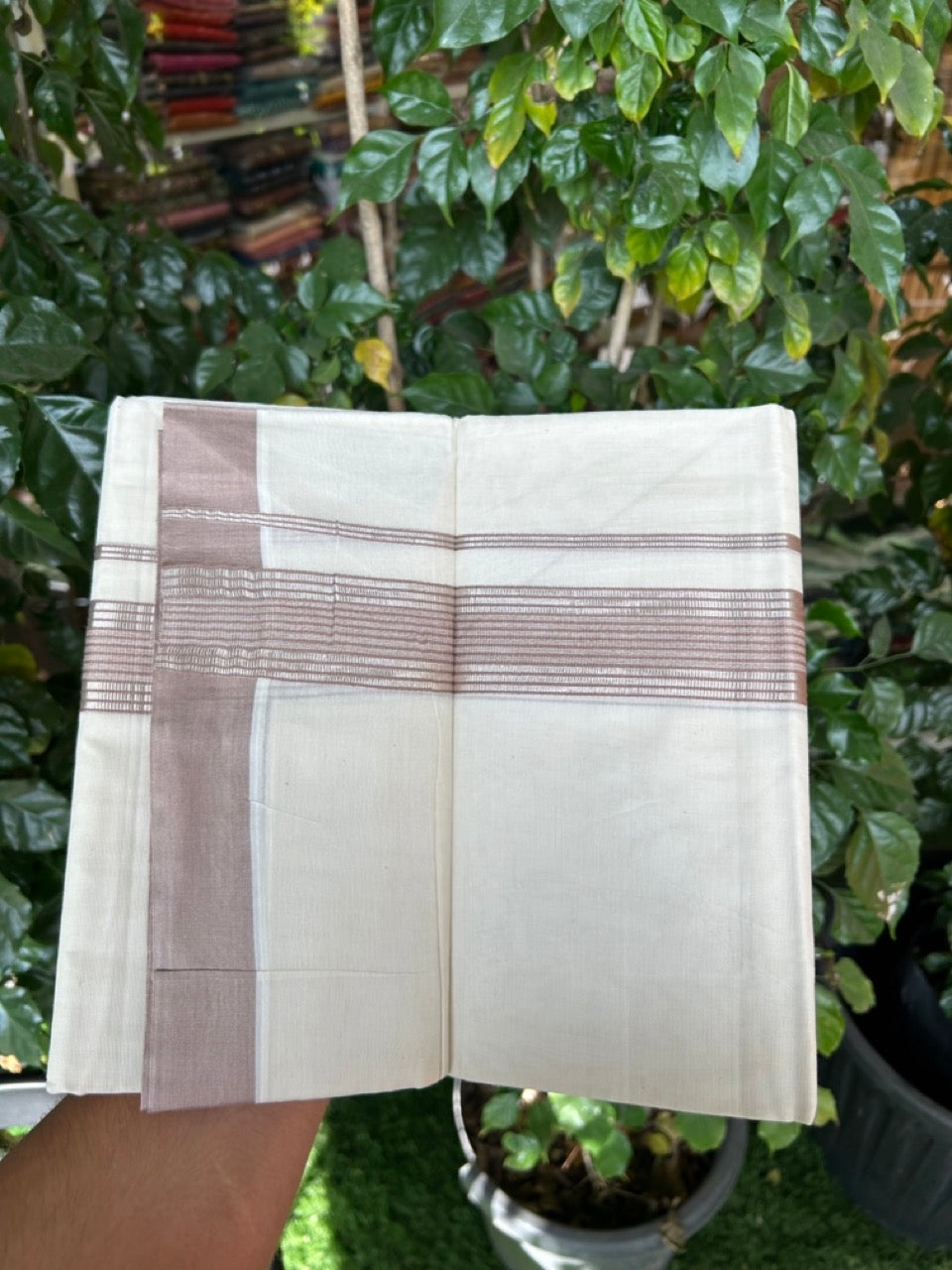 20% DISCOUNT! KaithariKada Balaramapuram Double OFF WHITE Mundu/Dhoti - 80x80 - 1.5 Inch Silver Kasavu & Light Brown striped Kara - 3 KK5285 VAS