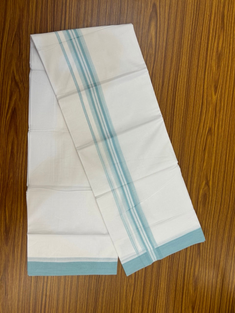 20% Discount ! Kaitharikada Balaramapuram 100% Cotton Pure White Double Mundu/Dothi - 100x80 - 1.5 inch Turquoise Blue Shaded Striped Kara 3.90 mtr (8 muzham) - 107 KK5285 VAS