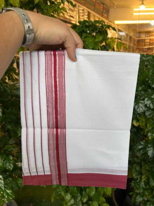 20% Discount! KaithariKada Balaramapuram 100% Cotton Double Pure White Mundu/Dhoti - 100X80 - 6.5 inch Silver kasav Reddish Maroon Stripes kara 3.90 mtr (8 muzham) - 17 KK5251 PMC