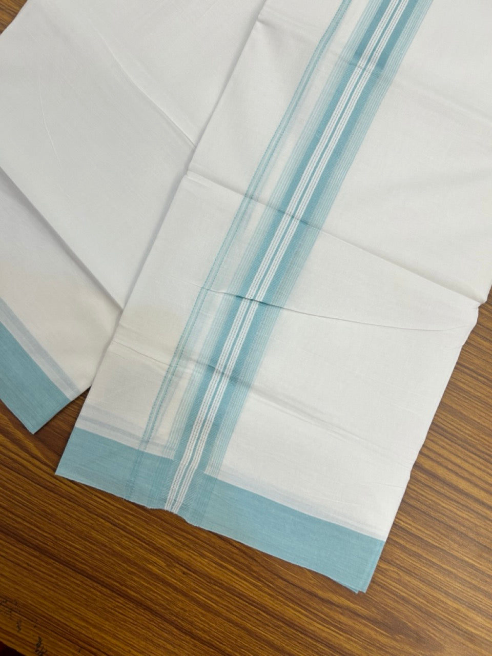 20% Discount ! Kaitharikada Balaramapuram 100% Cotton Pure White Double Mundu/Dothi - 100x80 - 1.5 inch Turquoise Blue Shaded Striped Kara 3.90 mtr (8 muzham) - 107 KK5285 VAS