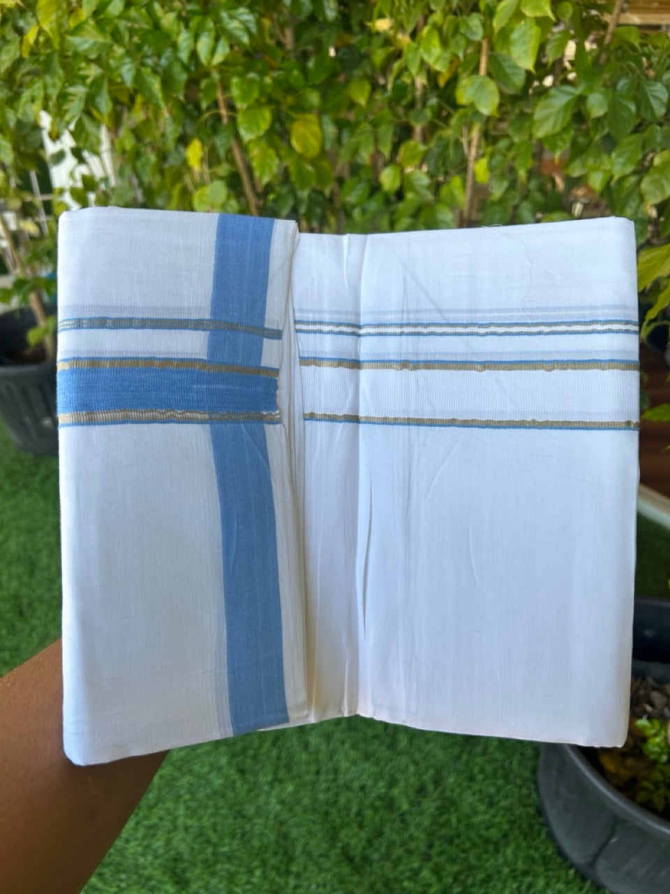 25% DISCOUNT! KaithariKada Balaramapuram 100% Mercerised Cotton Double ULTRA PURE white Mundu/Dhoti -120x120 - 1.25 inch Heavy Chutty Silver Kasavu & Light Blue Kara -11KK5139THI