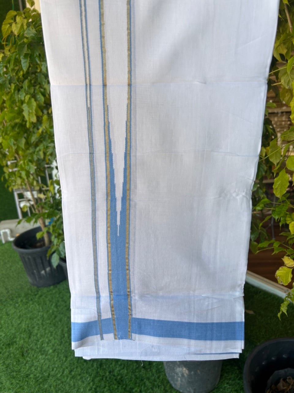 25% DISCOUNT! KaithariKada Balaramapuram 100% Mercerised Cotton Double ULTRA PURE white Mundu/Dhoti -120x120 - 1.25 inch Heavy Chutty Silver Kasavu & Light Blue Kara -11KK5139THI
