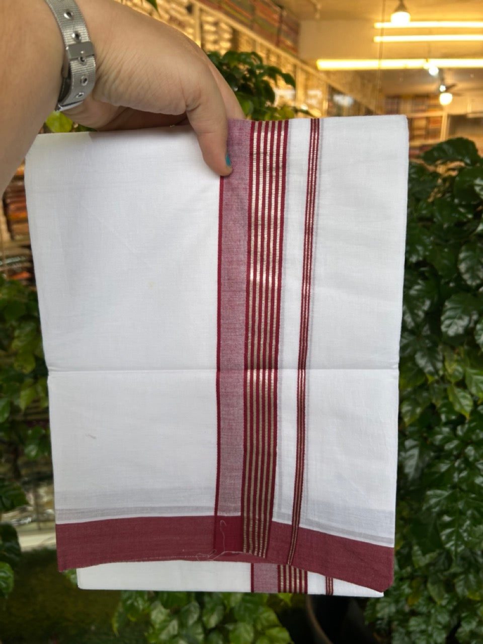 20% Discount ! KaithariKada Balaramapuram 100% Cotton Double Pure white Mundu/Dhoti- 100x80 - 1.5 inch Silver Kasavu & Maroon Striped Kara - 3.90mtr ( 8 muzham) - 12 KK5251 PMC