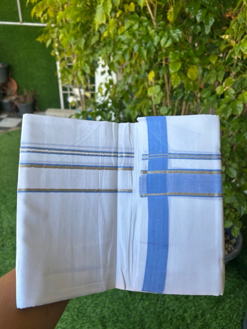 25% DISCOUNT! KaithariKada Balaramapuram 100% Mercerised Cotton Double ULTRA PURE white Mundu/Dhoti - 120x120 - 1.5 inch Heavy Chutty Silver Kasavu & Light Blue Shaded Kara - 2KK5139THI