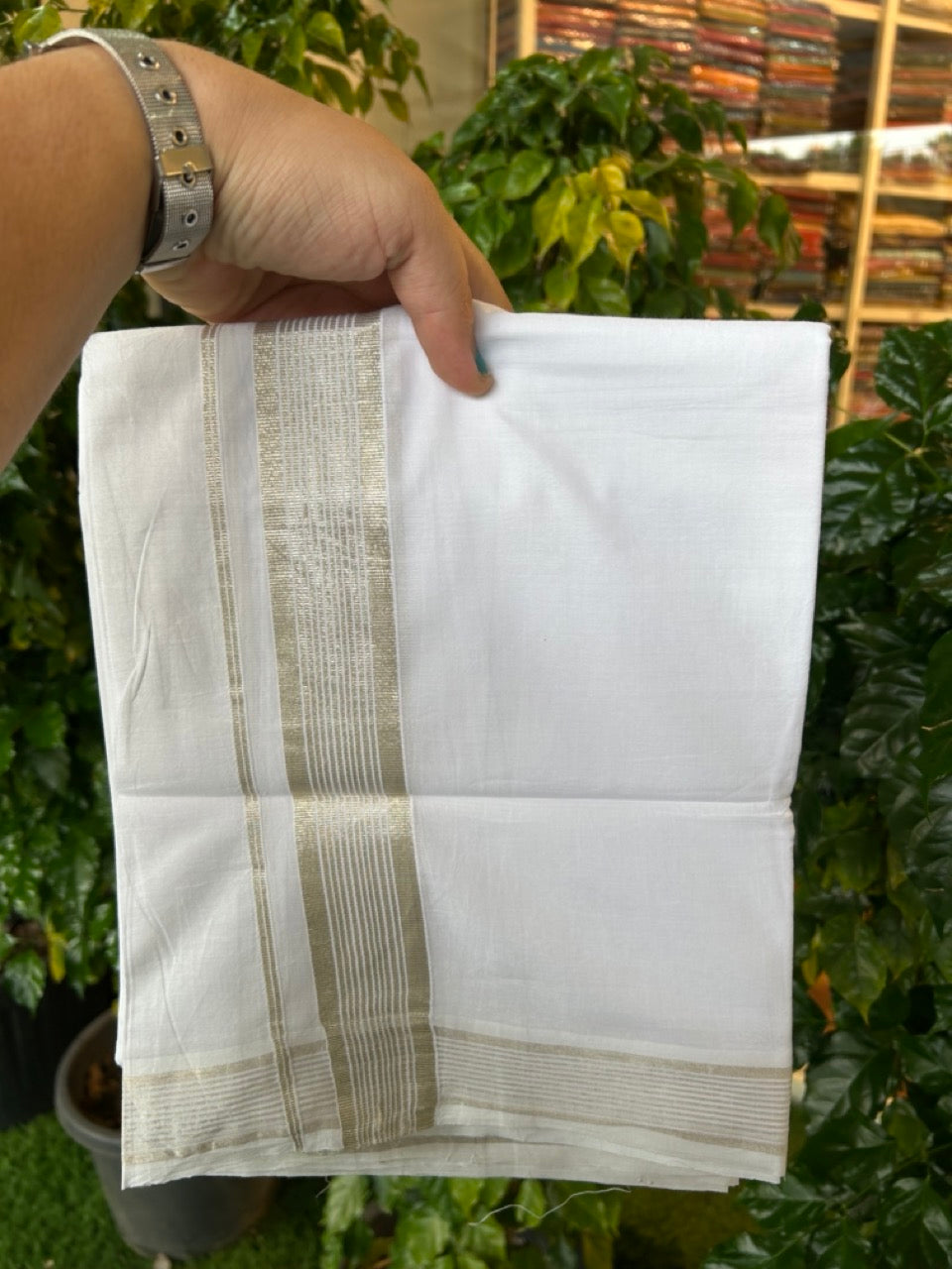 20% Discount ! KaithariKada Balaramapuram 100% Cotton Double Pure white Mundu/Dhoti- 100x80 - 1.5 inch Silver Kasavu Striped Kara - 3.90mtr ( 8 muzham) - 3 KK5251 PMC